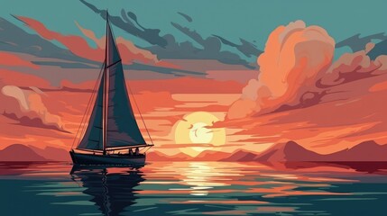 Fototapeta premium A sailboat glides across a calm sea at sunset, its sails catching the last rays of the sun.