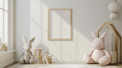 Mock up frame in children room with natural wooden furniture, light colors, 3D render. Farmhouse style interior background, 