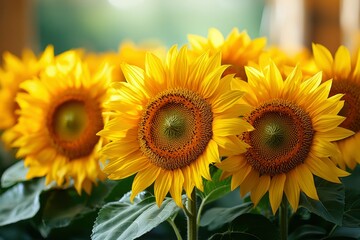 Obraz premium Close-up of Bright Yellow Sunflowers in a Field