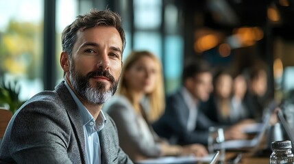 Obraz premium A confident businessman looks away while sitting at a meeting table, exuding thoughtful poise.