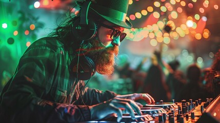st patricks day dj party with irish man in leprechaun costume working on music equipment glowing celebration background festival vibe