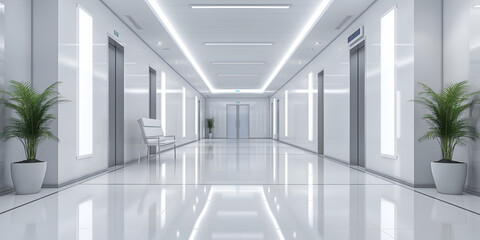 Obraz premium Modern Hospital Hallway with Potted Plants and Benches, Empty Bright Corridor in Contemporary Healthcare Facility 