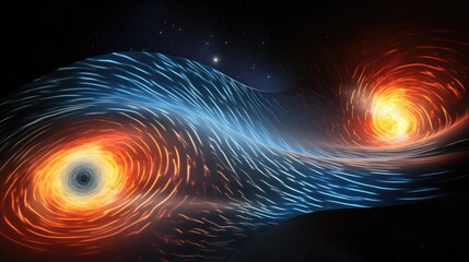 A stunning abstract image of two swirling black holes in space, with bright, glowing light emanating from their centers.