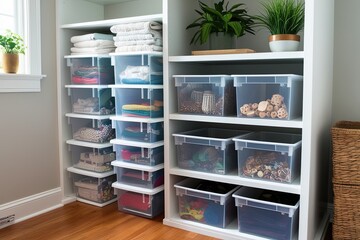 Efficient Decluttering with Clear Plastic Bin Tower for Optimal Organization