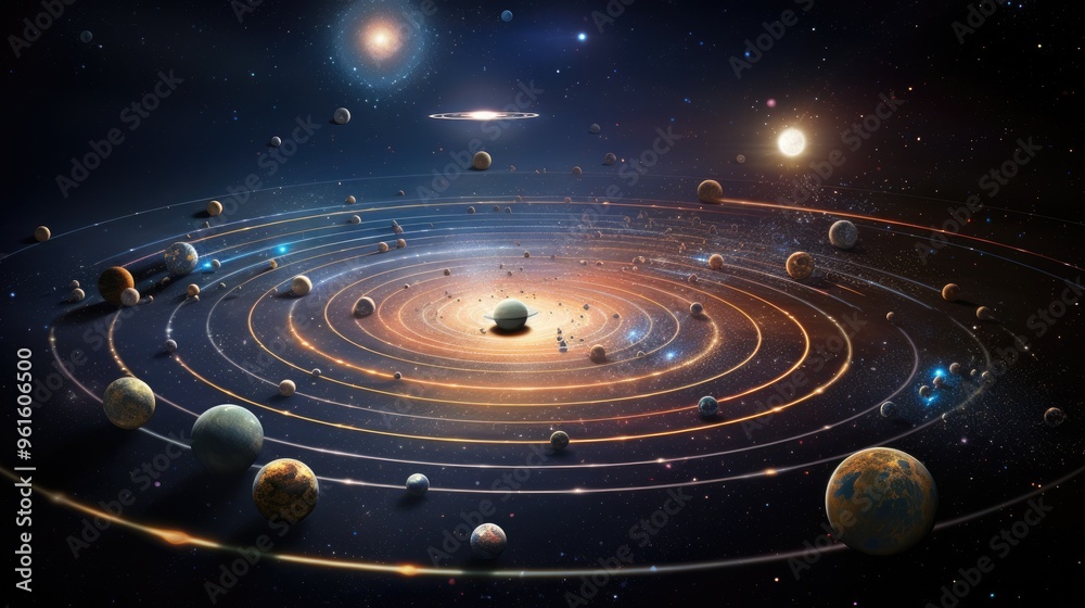 Canvas Prints a stunning cosmic scene with a vibrant galaxy and planets in orbit, creating a breathtaking display 