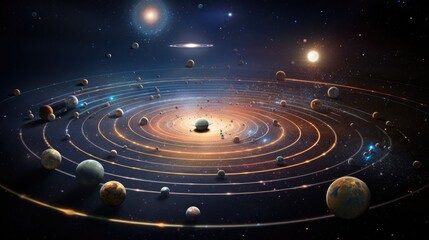 A stunning cosmic scene with a vibrant galaxy and planets in orbit, creating a breathtaking display of celestial beauty.