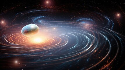 A swirling galaxy of stars and light, with a lone planet in the foreground, creates a mesmerizing cosmic scene.