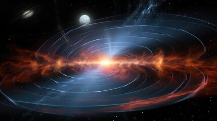 A swirling nebula of red and blue light, with a bright star at the center. The nebula is surrounded by a dark, starry sky.