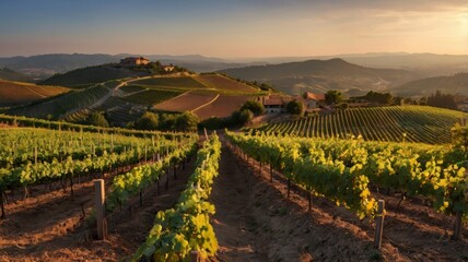 Naklejka premium Vineyard on hill at sunset, panoramic view 
