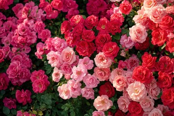 Lush pink and red rose bushes full of blooming flowers arranged in various formations