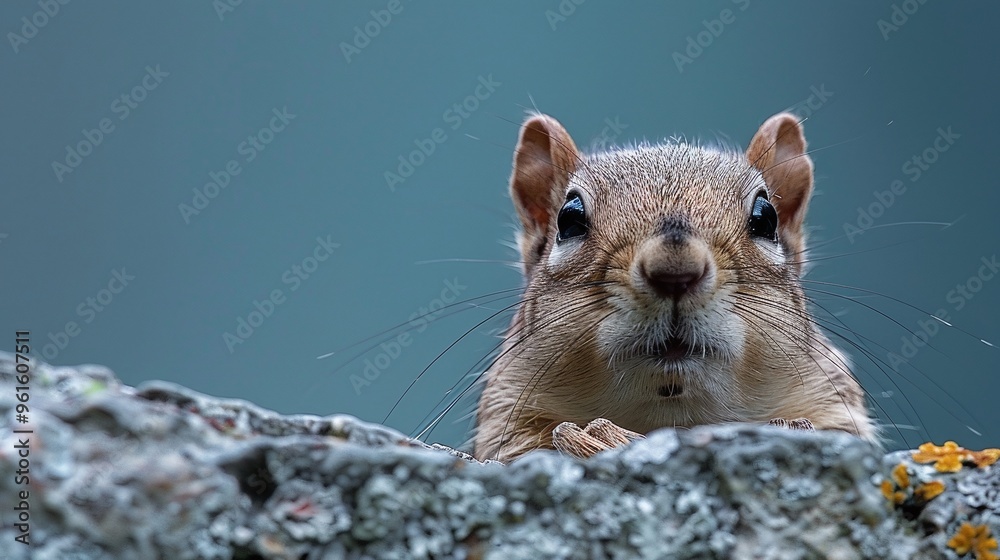 Wall mural cute squirrel peeking around a corner, surprised sciurus in nature against a blue background, curious and cautious wildlife animal, small furry mammal