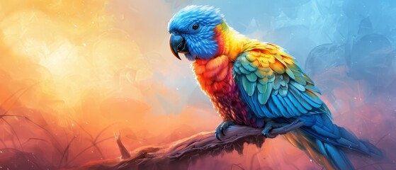 Obraz premium A vibrant bird perches on a tree branch against an orange and blue backdrop