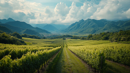 Naklejka premium Hazy Romantic Vineyards: Mountains and Clouds in the Distance