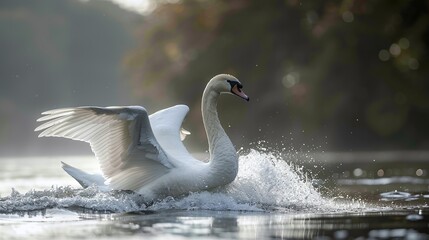 Obraz premium white swan gliding on river water, graceful bird in peaceful wildlife setting, serene reflection and natural outdoor environment, swan beauty in nature