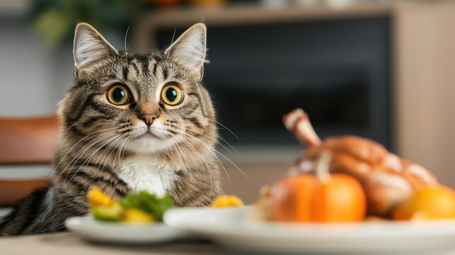 A fluffy tabby cat sitting on a Thanksgiving dinner table, curiously eyeing a turkey centerpiece, Thanksgiving feast with a feline twist, Cozy holiday gathering