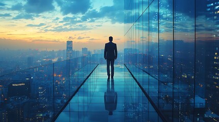 A businessman on a rooftop looks at the cityscape during sunset, contemplating the horizon.