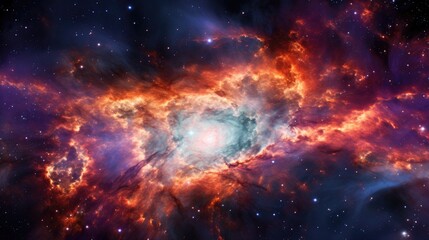 A vibrant nebula glows with a fiery orange and blue, surrounded by a scattering of stars in the vast expanse of space.