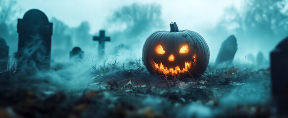 Naklejka premium Glowing jack-o'-lantern in foggy graveyard with tombstones