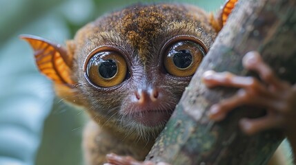 Obraz premium tarsier monkey closeup in jungle habitat, tarsius syrichta in natural tropical forest environment, small nocturnal primate with large eyes in wildlife photo