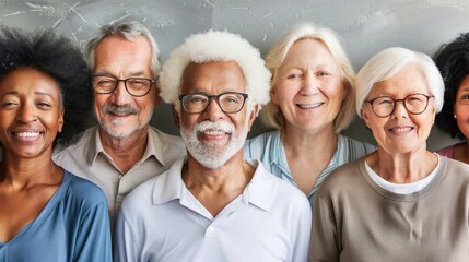 A joyful gathering of six seniors stands together, displaying genuine smiles and warmth. Their diverse appearances highlight a sense of community and connection among the group