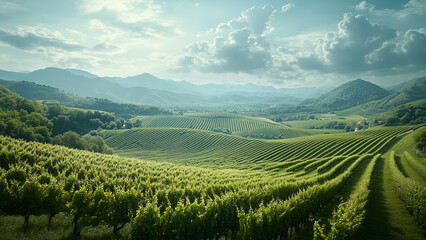 Naklejka premium Serene Vineyards: Romantic Haze with Distant Mountains