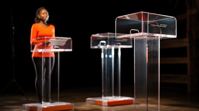 A woman in a red shirt stands behind a clear podium, ready to deliver a speech. The podium is lit by a spotlight, creating a dramatic effect.