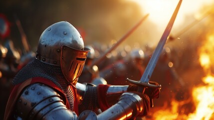 Armored knights wield swords as they engage in a fierce battle, illuminated by the warm glow of a sunset against a backdrop of vibrant flames and distant warriors
