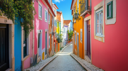 Fototapeta premium A narrow street in Portugal, lined with brightly colored houses with red tiled roofs, creating a picturesque and lively scene