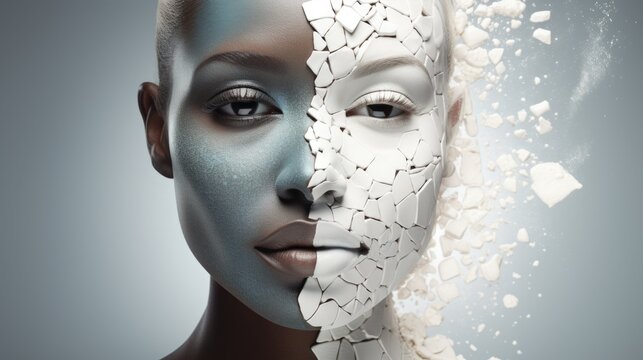 A woman's face is split in two, one side covered in blue glitter, the other in white shards. - Powered by Adobe