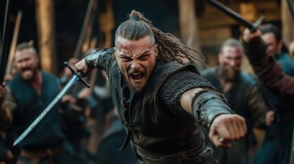 Obraz premium A determined warrior with long hair and a fierce expression fights valiantly among a group of armed men in a medieval village at dawn. The tension in the air is palpable as swords clash