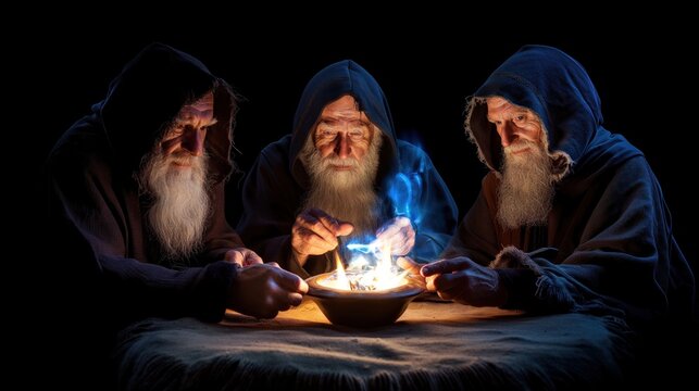 Three elderly figures in hooded robes concentrate on a shimmering bowl, surrounded by an aura of magic. Their expressions reveal deep focus as they engage in a mysterious ritual during the night
