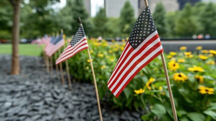 Patriot Day in the USA with ceremonies honoring those lost on 9/11, American flags at half-staff, moments of silence, sense of reflection and national unity, solemn and respectful atmosphere
