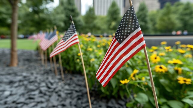 Patriot Day in the USA with ceremonies honoring those lost on 9/11, American flags at half-staff, moments of silence, sense of reflection and national unity, solemn and respectful atmosphere