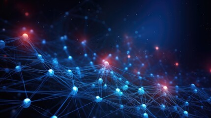 Abstract blue and red glowing network of connected spheres. This image represents the interconnectedness of the world and the power of technology.