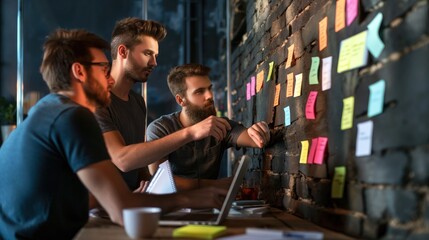 A group of three men collaborates in a coworking space, discussing ideas while reviewing colorful sticky notes attached to a brick wall. A laptop and notebooks are present on the table