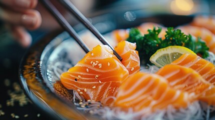 Asian person eating salmon sashimi with chopsticks, Japanese food in an authentic restaurant, traditional sashimi set and fresh seafood concept, gourmet dining experience