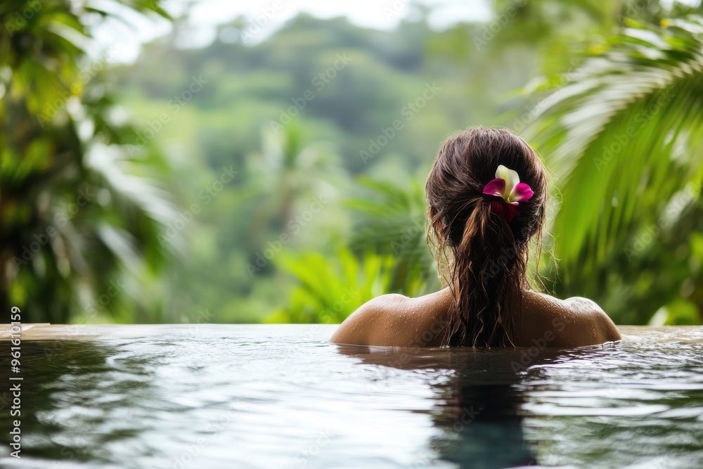 Wall mural Women relaxing in an infinity pool surrounded by lush greenery