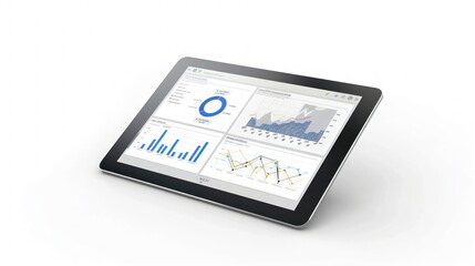 Product photography-style image of a digital tablet displaying data analytics graphs on a white background. 