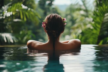 Fototapeta premium Women relaxing in an infinity pool surrounded by lush greenery