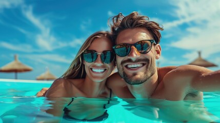 A joyful couple relaxes in a vibrant swimming pool, flashing wide smiles while wearing stylish sunglasses. The sun shines brightly overhead, enhancing the playful atmosphere