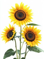 Three vibrant sunflowers with lush green leaves against a white background.