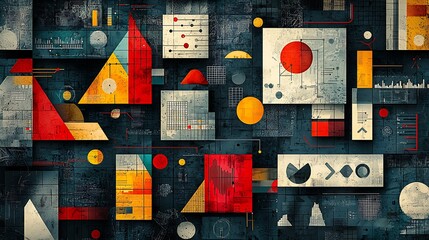 An abstract geometric pattern with red, yellow, and blue elements, merging bold colors and shapes.