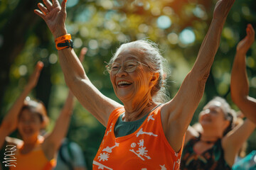 Naklejka premium Elderly Woman Joyfully Exercising Outdoors in Bright Sunlight