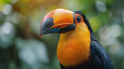 Obraz premium tropical toucan bird closeup perched on tree, vibrant beak and colorful feathers, wildlife bird in rainforest habitat, exotic nature scene in jungle environment