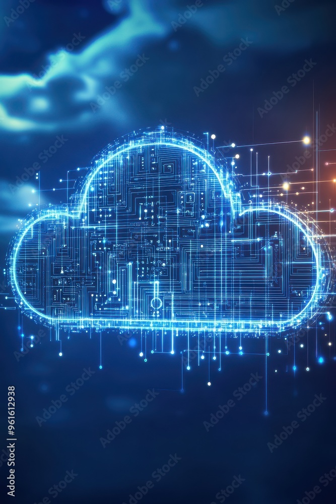 Poster digital cloud icon with circuitry design representing innovative technology and modern data solution