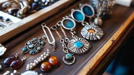 A collection of stunning vintage jewelry displayed beautifully, showcasing unique designs and vibrant gemstones.