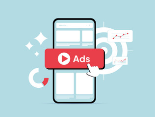 Targeted mobile advertising with personalized ads, location-based marketing, mobile user data, in-app ads and audience targeting. Online digital marketing with mobile ad campaigns illustration