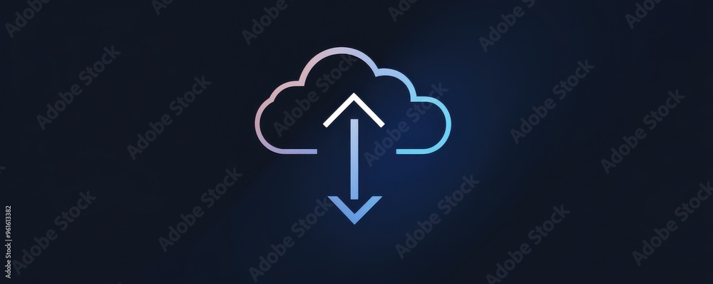 Poster cloud computing icon with up and down arrows symbolizing data upload and download against a dark bac