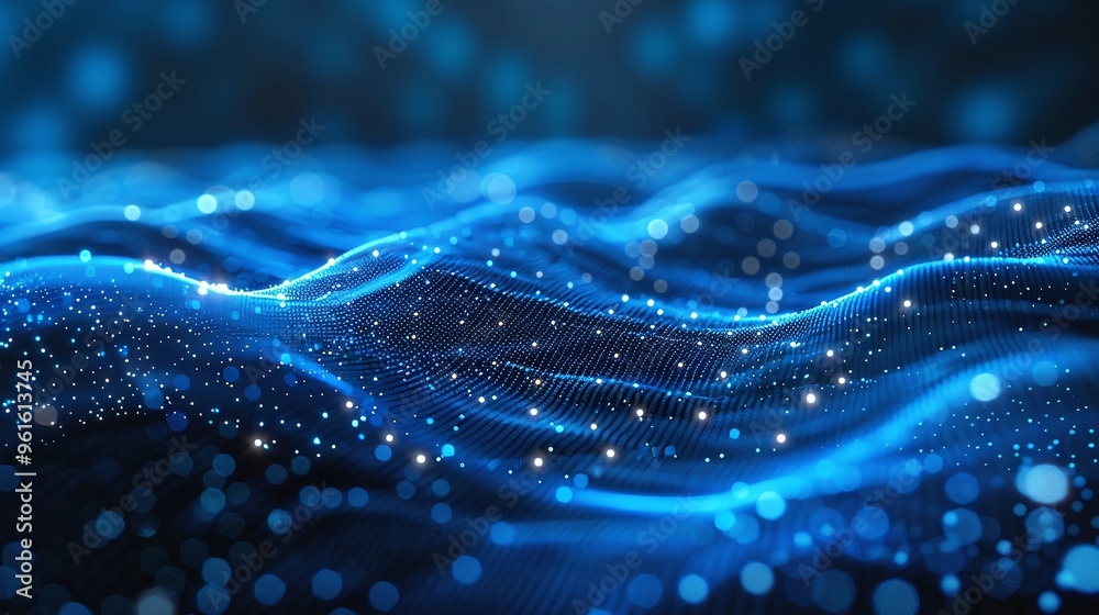 Wall mural abstract blue background with wave of dots and weave lines focusing on digital network technology fo