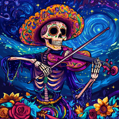 Mariachi skeleton playing a violin adorned with flowers for Day of the Dead
